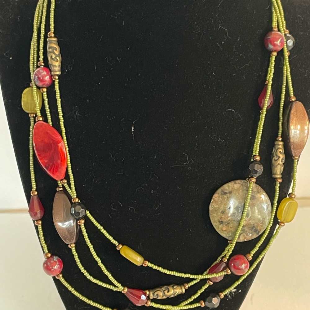 Chico's Natural Stone Jasper Seed Bead 3 Strand Necklace Green Red Brown Station